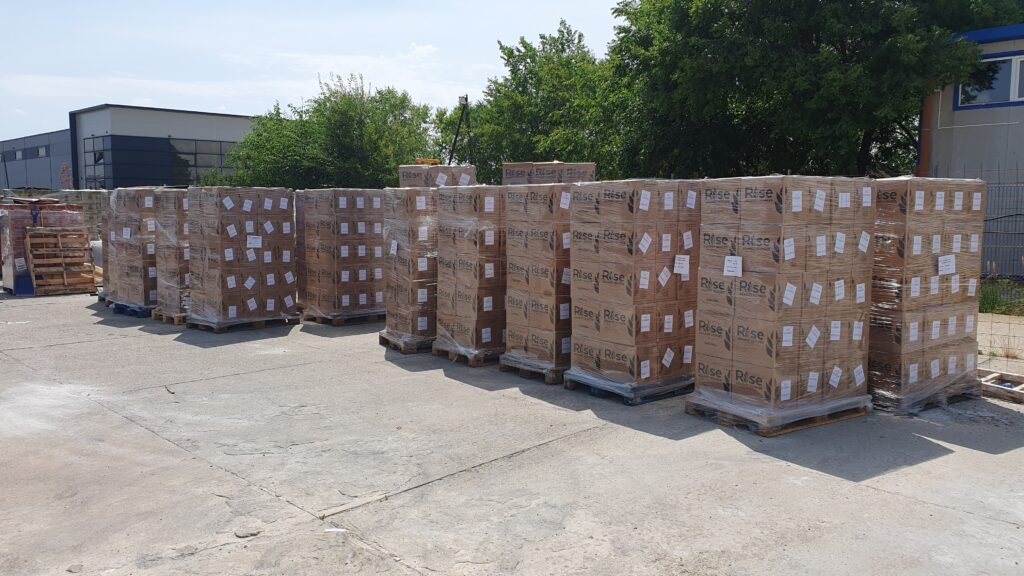 Many crates of food ready for distribution throughout Ukraine.