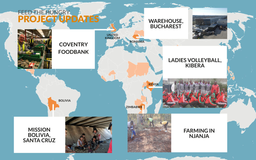 A map showing the locations of different projects across the world. The countries where FTHUK works are shown in pale orange; the ones reported on in this article are in dark orange.