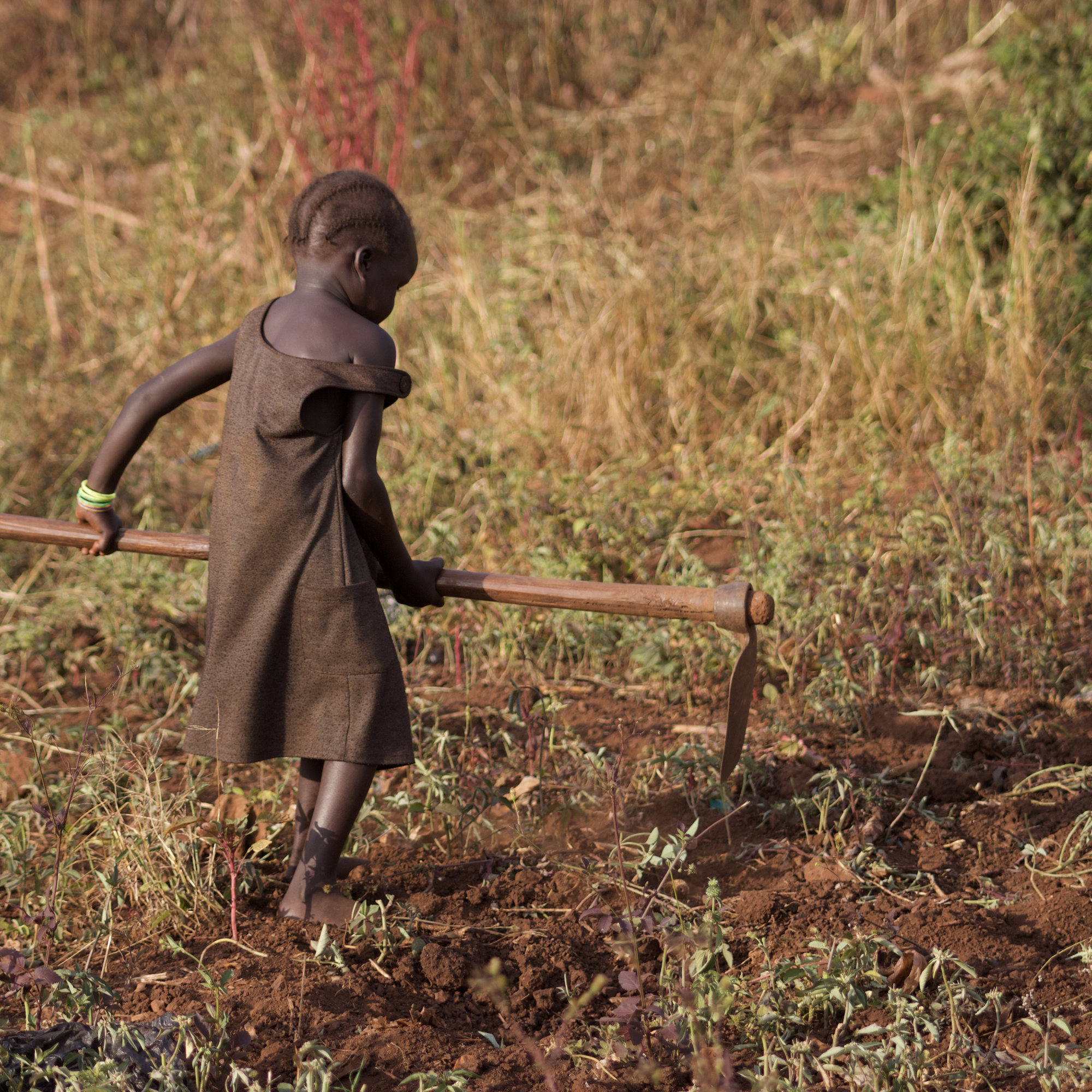 A small Ugandan girl wields a large hoe. She's standing in a patch of weed-strewn ground.