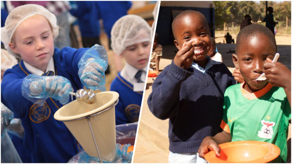 Some UK school children in catering hats and gloves pour rice meal ingredients into funnels as part of packing the meals. Below is a picture of two children from Zambia happily eating the high-nutrition rice meals.