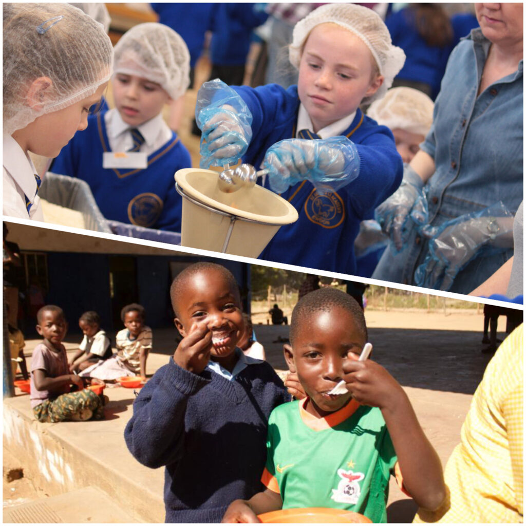 Some UK school children in catering hats and gloves pour rice meal ingredients into funnels as part of packing the meals. Below is a picture of two children from Zambia happily eating the high-nutrition rice meals.